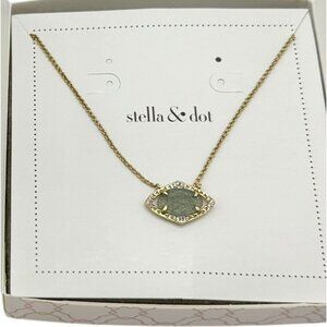 Stella & Dot Gold-Tone Necklace Aqua Druzy Pendant Crystal Accents Original Box